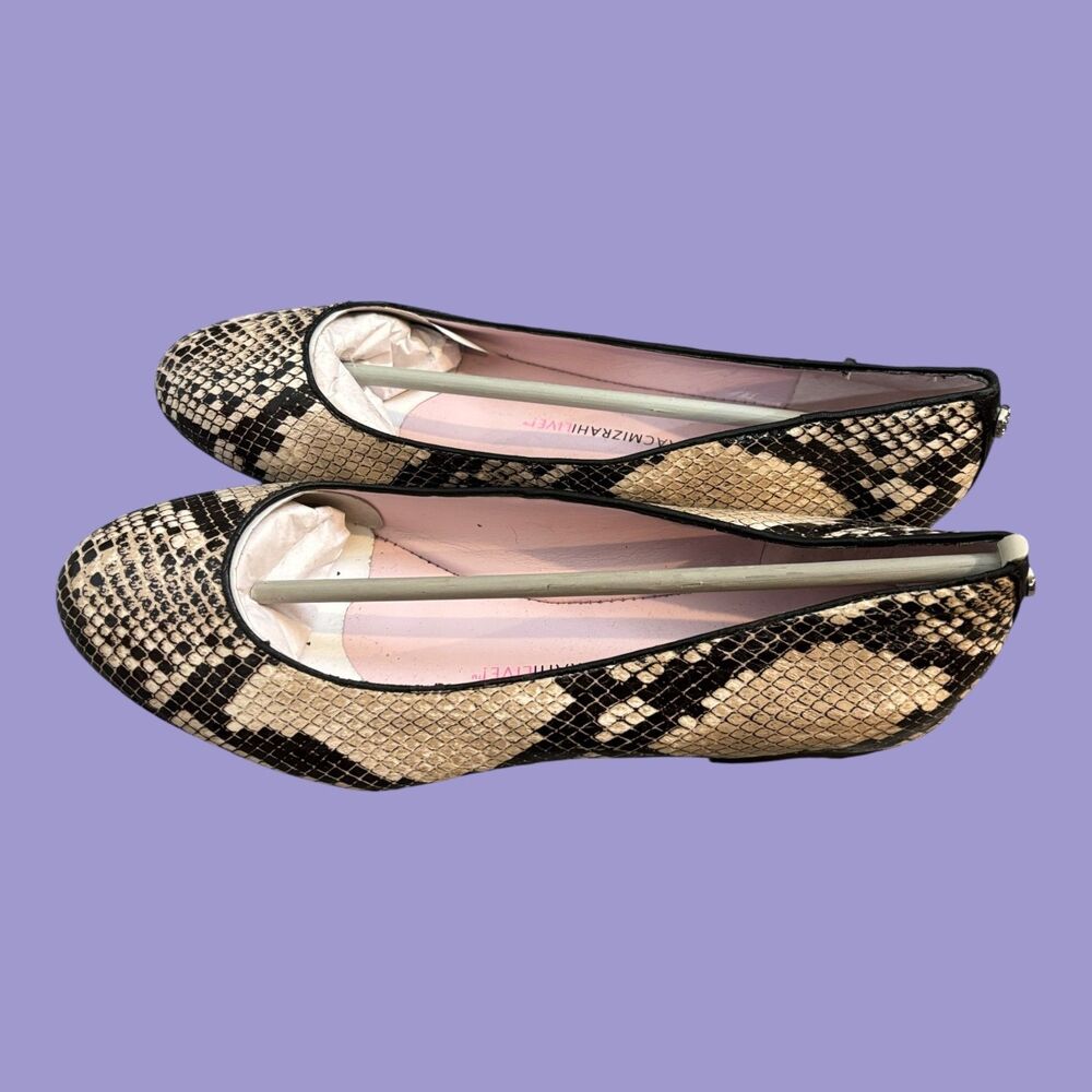 Isaac Mizrahi Live! Ballet Flat Womens 9M Black Beige Snakeskin Print Round Toe